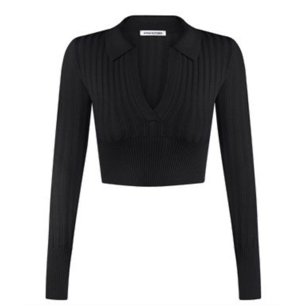 NWT Anna October‎ Black Ribbed Knitted Polo Crop Top Small Quiet Luxury